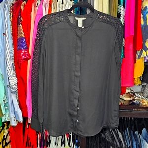 H&M Black Button Down Blouse w/Lace Sleeves